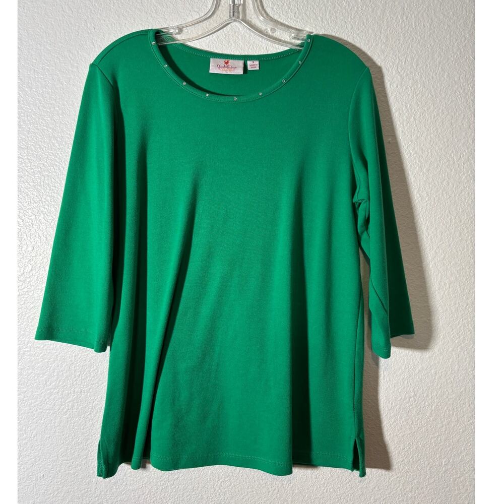 Quacker Factory Women's Top Size S Green Rhinestone Embellished Neck 3/4 Sleeves
